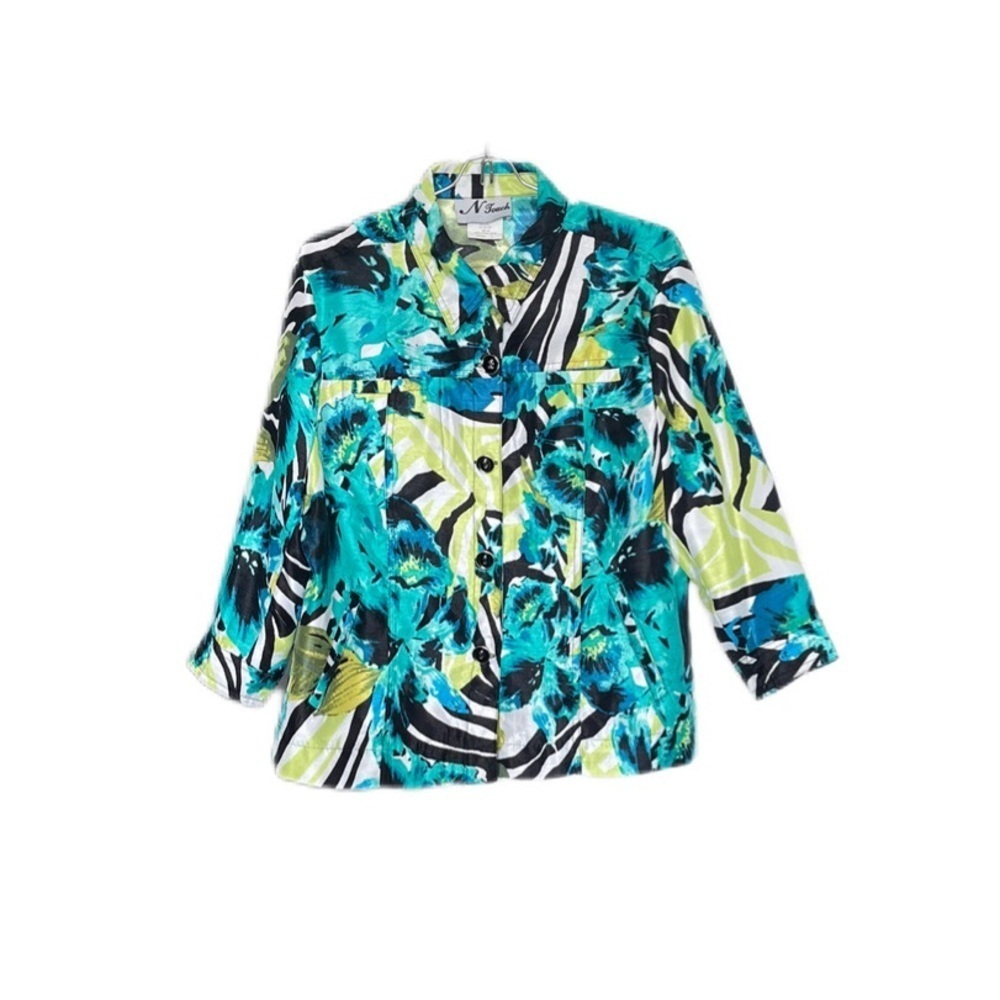 N Touch Multicolor Print Design 3/4 Sleeve Button Down Colorful Blazer Women’s L